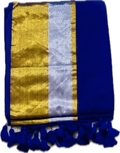 Image of Women's Mul Cotton Saree with Tassels | Soft Mulmul Saree | Woven Stripes & Zari Line | 5.5 Metres - Without Blouse