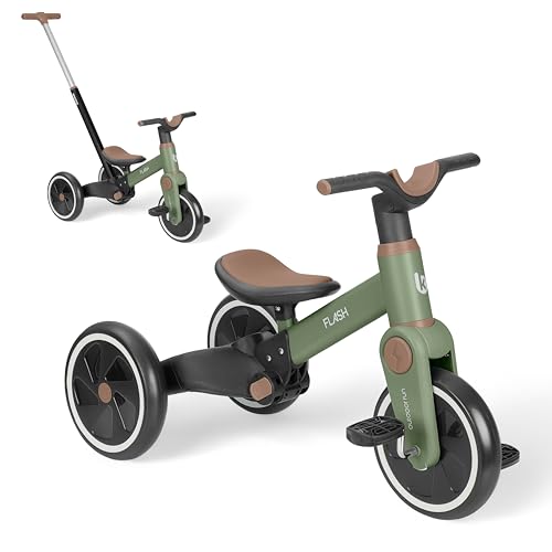 KikkaBoo Triciclo Evolutivo de Bebé 5 en 1 Flash, Desde 18 Meses a 4 Años, Transformable en Bicicleta Sin Pedales, con Manillar de Empuje Ajustable, Ligero, Ruedas EVA, Verde Militar