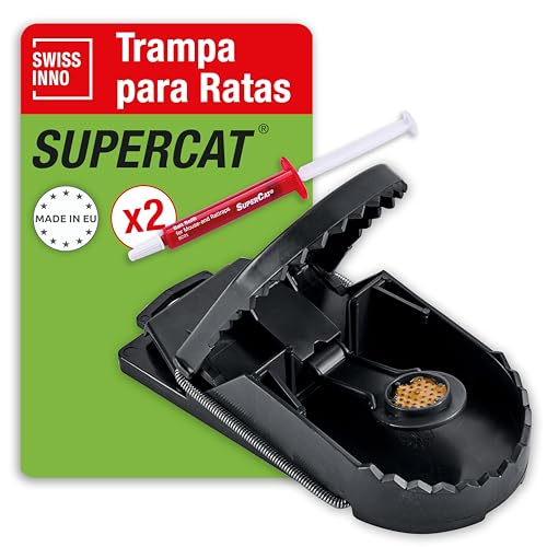 SWISSINNO Trampas para Ratas SuperCat – Ratoneras Grandes Reutilizable con Cebo de Cacahuete – Uso Interior Exterior – Potente e higiénica Lista Usar – 1 Trampa + 2 Jeringas de Cebo