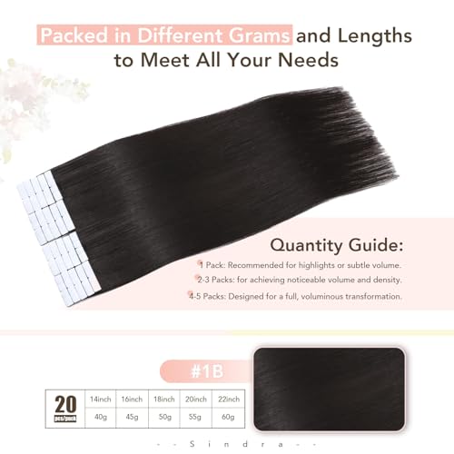 Image of Sindra Invisible Tape in Human Hair Extensions Natural Black 16inch | Invisi Edge Tape in Hair Extensions, for Everyday Wear, Seamless Remy Human Hair, 45g 20pcs, Natural Look