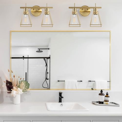 Image of Industrial Bathroom Vanity Lights: 2-Lights Brush Gold Vintage Metal Cage Wall Sconces - Rustic Farmhouse Lightning Fixture Over Mirrors Cabinet for Dressing Hallway