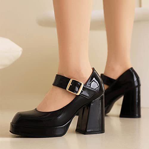 LYYSKY Womens Fashion 9.5CM Chunky Heels Square Toe Single Shoes Concise Ankle Strap Buckle Mary Jane Shoes Office Lady Platform Pumps4