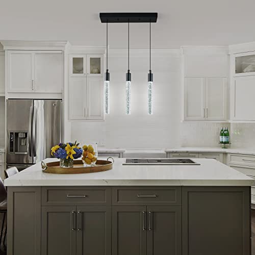 Image of Kitchen Island Lighting Modern Light Fixture Black Pendant Light Dimmable LED Black Finish Mini Crystal Pendant Lights for Dining Room Living Room(3-Light )