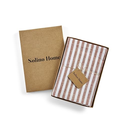 Image of Solino Home 100% Pure Linen Napkins, 20 x 20 in, Cinnamon Striped, Set of 4 | Amalfi Stripe, elevate everyday dining and special gatherings, woven stripe, European flax fibres, soft, OEKO-TEX Certified