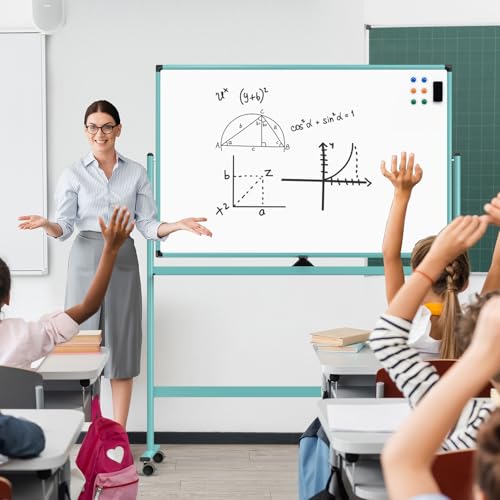 Image of Large Dry-Erase Rolling Magnetic Whiteboard - 48 x 32 Inches Dry Erase Board with Stand Height Adjust Double Sides Mobile White Board Easel on Wheels with 25 Sheets Paper Pad Office, Home & Classroom