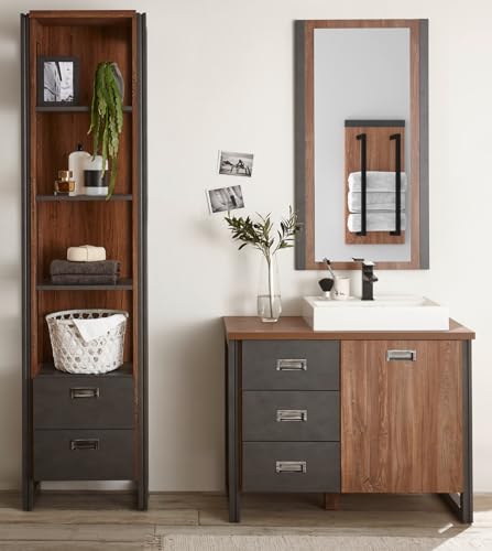 Badmöbel Set MIT Waschbecken in Eiche Stirling und grau Matera Waschtisch Badkombination 4-teilig Waschbeckenunterschrank, Waschbecken, Spiegel, Regal im Industrial Desgin 160 x 205 cm Auburn (Set 3)