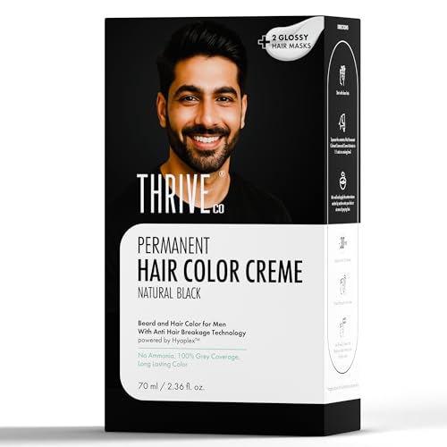 ThriveCo Permanent Hair Color Creme | 100% Grey Hair Coverage | No Ammonia | Long-Lasting, Damage-Free, Softer & Shinier hair | With Hyaplex™ Bond Technology for All Hair Types | For Men | Natural Black | 70 ml