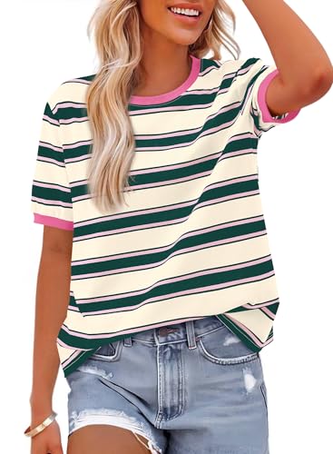 BTFBM Womens Summer Tops 2025 Crewneck Short Sleeve Striped T Shirts Casual Loose Lightweight Color Block Basic Tee