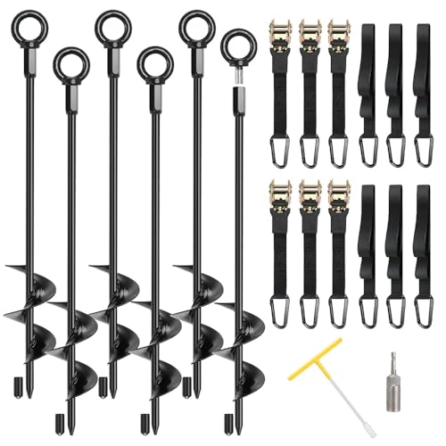 Ground Anchors, 6 Pack 18' RV Awning Tie Down Kit, Screw in Tent Stakes, Trampoline Anchors High Wind Heavy Duty with 6 Ratchet Straps for Campers Carport Sheds Swing Set Dog Tie Outs Stakes