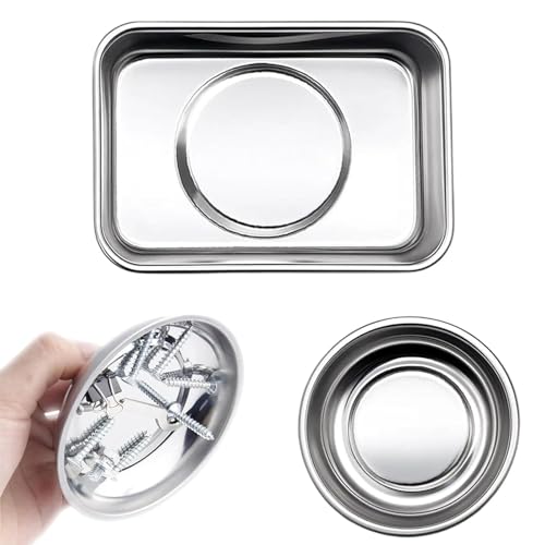 2 PCS Magnetic Tray Magnetic Parts Tray Set for Mechanics and DIY Stainless Steel Magnetic Screw Tray with Strong Hold Round and Rectangle Tool Trays (10cm Dia 9.2x6.5cm)