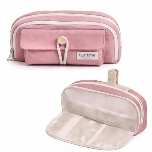 Image of Our Time Large Capacity Pencil Case, Pink Canvas Pouch with Front Pocket, Double Zipper Stand Up Storage Bag for Pens, Makeup, Stationery, Cosmetics, School Office Supplies, Girls Teens