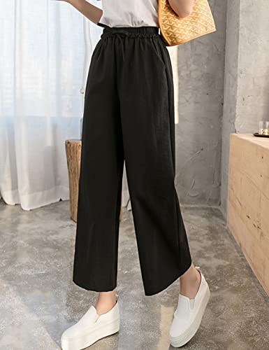 Women's Casual Cropped Pants Elastic Drawstring High Waist Wide Leg Work Pants with Pockets4