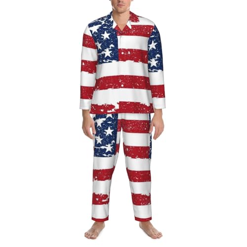 Grunge America Usa Flag Mens Pajamas Set Button Down Sleepwear Set Long Sleeve Loungewear With Pockets