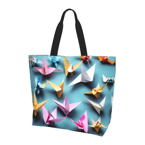 CPyuqw Bolsa de hombro con estampado de mariposas y flores moradas, bolsa grande reutilizable, bolsa de almacenamiento para compras, viajes y accesorios de la vida diaria, Grúas de papel origami