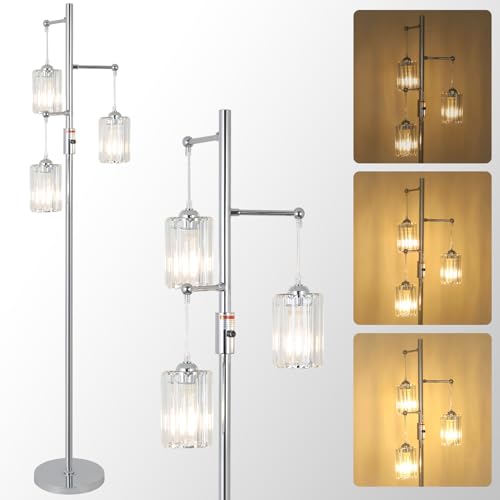 Rayofly Lámpara de Pie Cromada para Salón, Lámpara de Pie Regulable de 3 Fuegos con Pantalla de Vidrio, Lamparón Moderno de Cristal Plata, Lampe de Piso de Cristal para Dormitorio Habitación Infantil