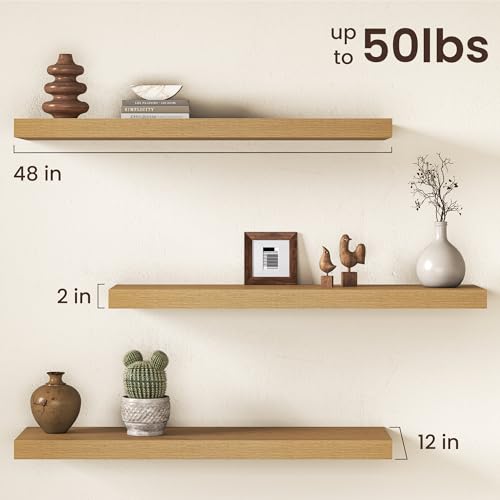 Image of Oak Floating Shelves 48Inch Long, 12 Inch Deep Floating Shelves for Wall, 48 x 12 Large Floating Shelf for Fireplace Mantel, 2 inch Thicked Rustic Wall Shelves for Living Room, Bedroom Storage, 2 Packs