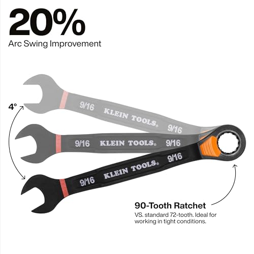 Image of KLEIN TOOLS 69508 SAE Ratcheting Combination Wrench Set, 8-Piece, Slide-Lock 90-Tooth Ratchet, I-Beam Handle, Color-Coded Size Markings, Roll Pouch Storage