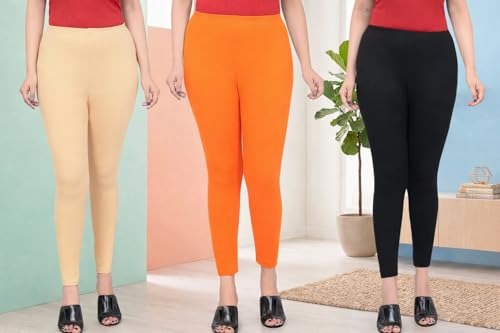 Image of Women Ankle Length Leggings Combo Multicolour Stretchable Cotton Yoga Gym Workout Pants Lyra Jeggings Casual Slim Fit