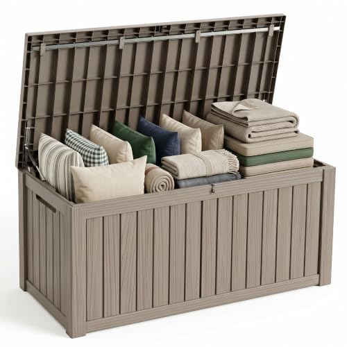 PatioZen 200 Gallon Deck Box, Outdoor Storage Box, Outdoor Storage Box for Cushions, Garden Tools, Furniture Storage,Waterproof, Lockable and Resin,Grey