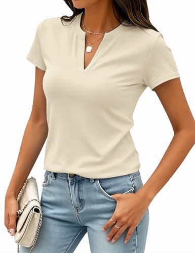 Image of Meetrendi Women's Notch V Neck T-Shirt Slim Fit Premium Cotton Blend Short Top