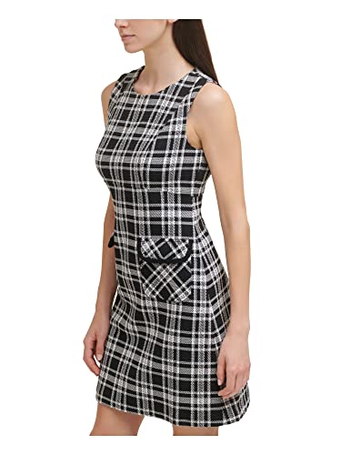 Tommy Hilfiger Womens Black Zippered Pocketed Unlined Plaid Sleeveless Round Neck Above The Knee Wear To Work Fit + Flare Dress 2P #TOP2