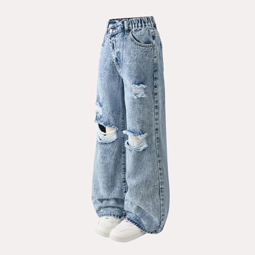 Ripped Jeans for Teen Girls Girls Cute Baggy Pants Wide Leg High Waisted Trousers Kids Y2k Streetwear with Pocket2