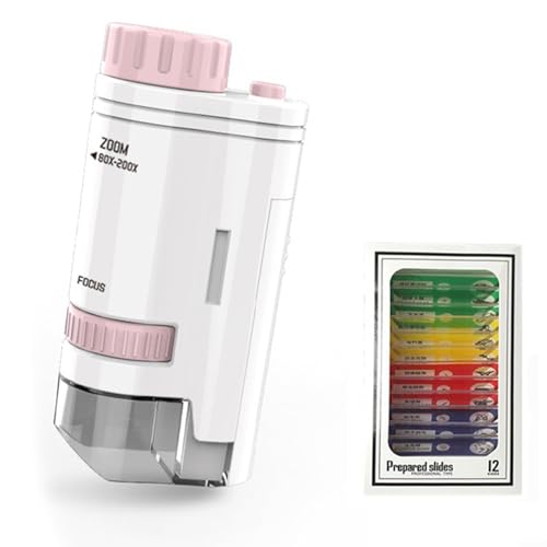 Bulevisiter Microscope portable pour enfants, grossissement 200x avec éclairage LED, jouet scientifique éducatif de poche pour enfants de 8 ans et plus, compatible avec (rose)