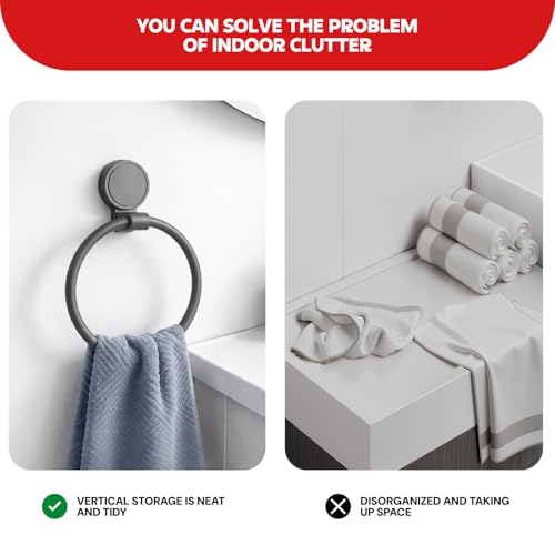 Image of Amazon Basics Suction Towel Ring for Bathroom - Rust - Free Powder Coated Wall Mounted Towel Rack No Drill Towel Ring Modern Bathroom Accessories Organizer Grey