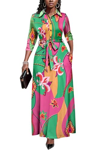 Image of Rumwind Maxi Dresses for Women, 3 /4 Sleeve Shirt Collar Casual Afircan Print Church Dress Button Down with Belt and Pockets