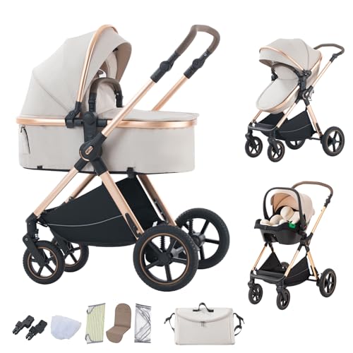 BEBBY BEBBY Cochecito de bebé 3 en 1,Carricoche Combinado Paisaje Alto Marco de Aluminio Para Recién Nacido0 22KG,Portátil Carrito Bebe 3 en 1 Con Asiento De Auto ((D2) RICEWHITE, H2 D)