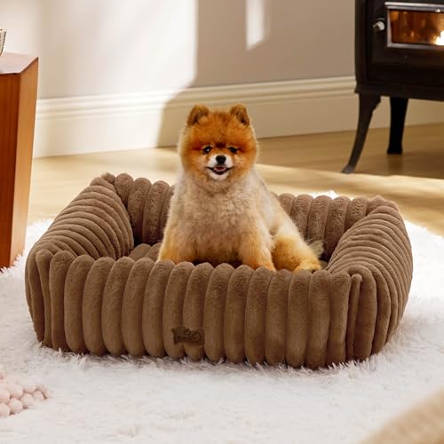 Image of Bedsure ComfyFleece Cute Dog Bed for Small Medium Dogs,25in Camel Brown | Furry Puppy Beds,Square Washable Orthopedic Corduroy Aesthetic Pet Beds,Removable Zipper Cover,Non-Slip Bottom,Up to 15 Lbs