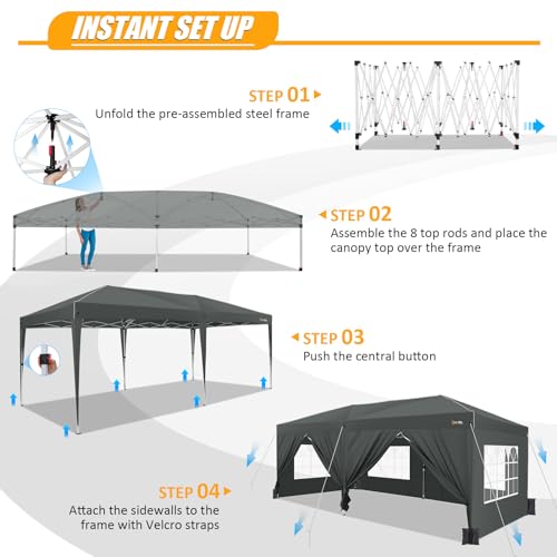Image of HOTEEL 10x20 Pop up Canopy Tent with Sidewalls, One Push Outdoor Waterproof Tents for Parties with Reinforce Rod, Sandbag, Easy Setup Event Tent Shelter for Backyard, Camping, Market, Black