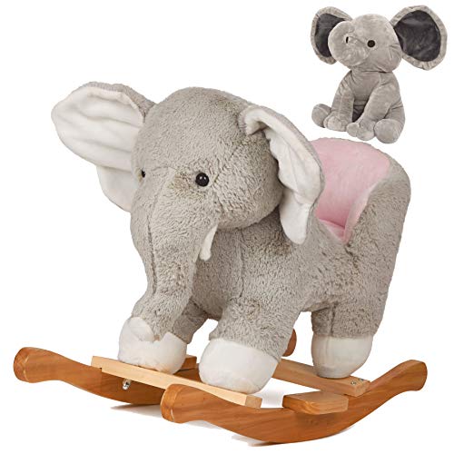 Specialyou Baby Rocking Horse Wooden Rockers With Seat Elephant Rocking Horse Ride Plush Stuffed Animals Toy -Set Of 2, Boy Girl Kids Ride On Toys For 10 Months To 3 Years Old, 25" Lx10 Wx16 H, Gray #TOP7