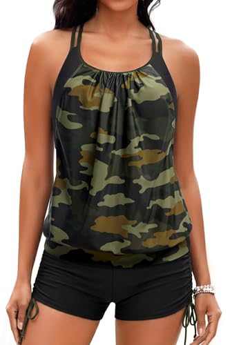 Image of Holipick Womens 2 Piece Tankini Swimsuit Blouson Tummy Control Bathing Suit | Double Up Design, Removable Pad, High Waisted Boy Shorts