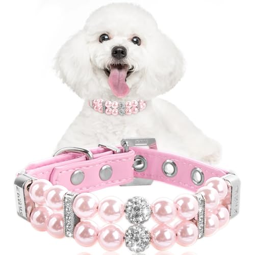 Image of HOWWFALY Dog Cat Pearl Collars with Crystal Rhinestone PU Leather Collars Necklace Adjustable CollarDog Chain Cat White Pearl Pet Collar (Pink, Large)