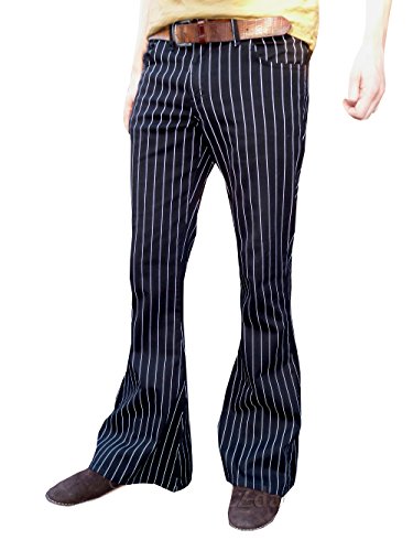 Mens Pin Stripe Black Bell Bottoms Flares Pants Retro Striped Trousers