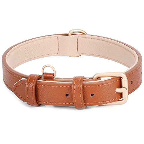 Leather Dog Collar Adjustable Soft Leather Padded Collar Heavy Duty for Small Medium Large Size Dogs with Alloy Buckle(Brown,XS)