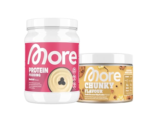 MORE Protein Pudding, Neutral, 360 g & MORE Chunky Flavour, 150 g, Vanilla Chocolate Chip Cookie, für einen cremigen Pudding mit Geschmack, weniger Fett und weniger Kalorien