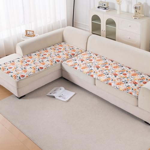Image of HOKIPO 'Nature Muse' Premium HD Printed Holland Velvet L Shape (2+2 Seater) Sofa Cover Seat Mat, Marigold Bloom (IN-915-D7 + IN-916-D7)