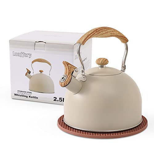 Comparison: Best Tea Pots For Stove 10 LONFFERY Tea Kettle for Stove Top, 2.5 Quart Whistling Tea Kettle, with Food Grade Stainless Steel and Wood Pattern Folding Handle, Creamy White