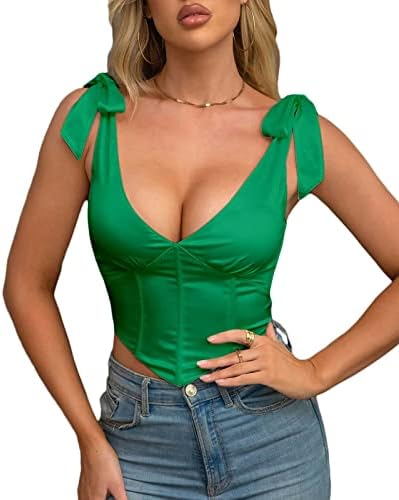 Beumissy Women's Vintage Corset Crop Top Sexy V-Neck Satin Boned Zip Back Bow Tie Bustier Top(Green,X-Large)