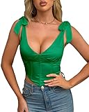 Beumissy Women's Vintage Corset Crop Top Sexy V-Neck Satin Boned Zip Back Bow Tie Bustier Top(Green,