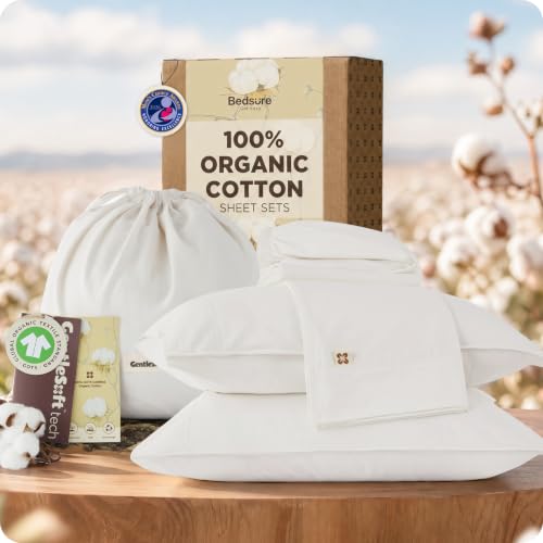 Image of Bedsure PureWoven 100% GOTS Certified Organic Cotton Sheets, Full Size 4PCS | Eco-Friendly, 16 inch Deep Pocket with Corner Straps, Luxury Hotel Soft, Breathable & Durable Sateen Bed Sheets, OEKO-Tex, White