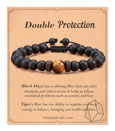 Seyaa Double Protection Natural Stone Bracelet for Men Teen Boys, Tiger Eye Black Onyx 8mm Handmade Bead Bracelet Crystal Bracelet Bring Luck