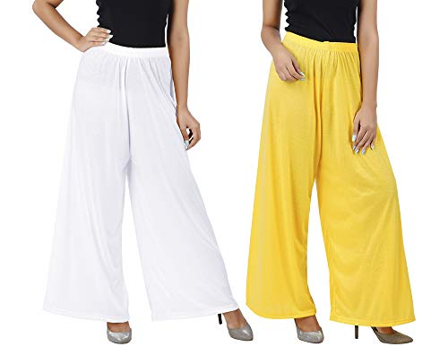 Image of Buy That Trendz M to 4XL Cotton Viscose Loose Fit Flared Wide Leg Palazzo Pants for Women White Yellow Combo Pack of 2
