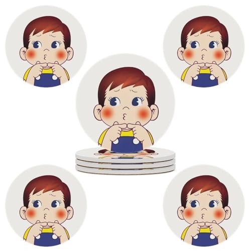 ペコちゃん ポコちゃん コースター 陶製 丸型 直径10.3cm 4枚/6枚セット 飲み物用コースター 断熱パッド 耐熱 防水 おしゃれ 贈り物 滑り止め カップマット セラミック 唱片模様 家庭用 オフィス用 新築祝い プレゼント