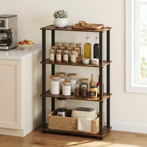 Image of Furinno TURN-S-TUBE Storage Shelves, 4-Tier Book Shelf, Corner Shelf, Toolless Open Shelves, for Organization and Storage, Living Room, Garage, Home Office, Amber Pine