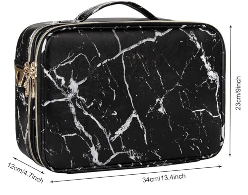 Image of Professional Cosmetic Bag, Makeup Organizer Bag for Home & Travel Vanity Bag, Makeup Train Case, Adjustable Brush Dividers, Shoulder Strap, Cosmetic Organizer (Black Marble) (34x23x12 cm)