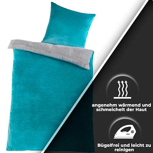 MALIKA Winter Plüsch Wendebettwäsche Nicky-Teddy 'Cashmere Touch' 135-155 - 200x200 Coral Fleece, Farbe:GRAU-Petrol, Größe:135 x 200 cm