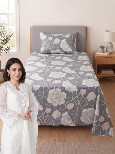 Image of Mafatlal 144 TC Fern Single Bedsheet 90 x 60 Inch | Floral Printed Bed Cover | Soft Comfortable Bedding for Bedroom | Easy Wash Fabric | Everyday Sleeping Essential|Steel Grey